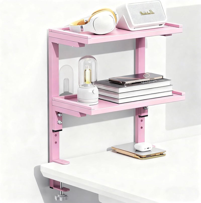 Spacrea clamp on Desk Shelf, 2 Tier Office Desk Shelves Organizer, Wood Desktop Supplies Storage Rack, Desk Organizers and Accessories (Pink) - Image 1